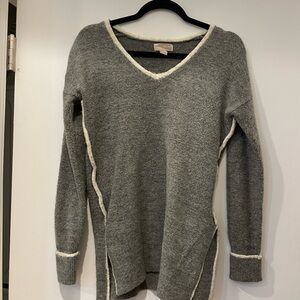 Gray V-Neck Sweater with White Trim